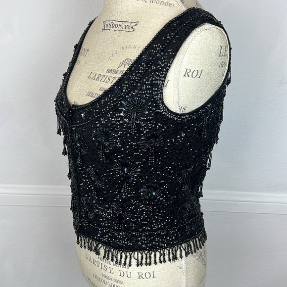 Vintage 60s Vest Top sequins hand beaded Sz. M zip up sleeveless fitted wool - Picture 4 of 14
